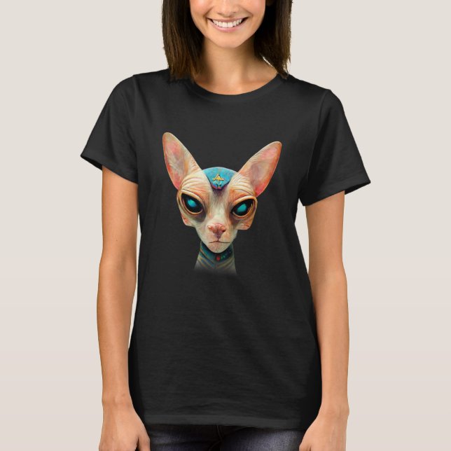 Hairless Sphynx Cat Alien UFO Portrait 2 T-Shirt (Front)
