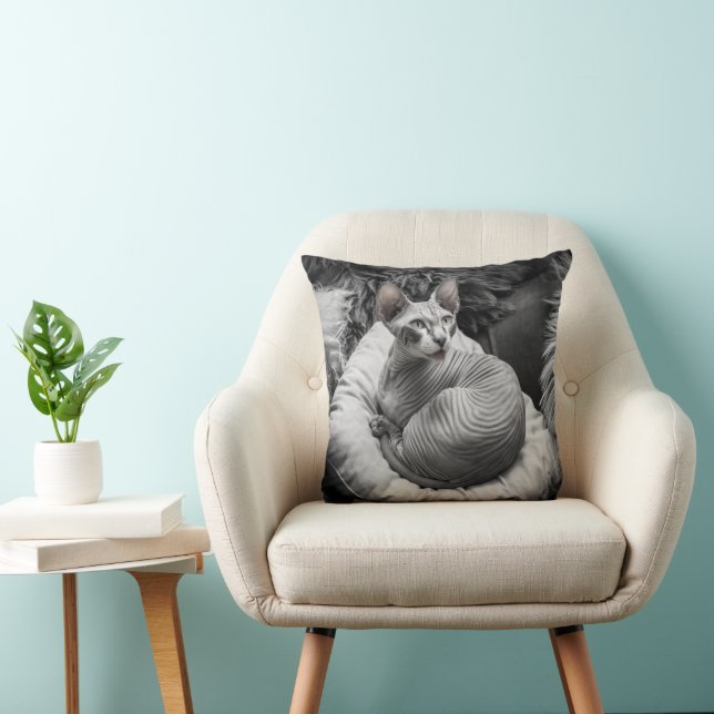 Hairless Sphynx Cat Throw Pillow (Chair)
