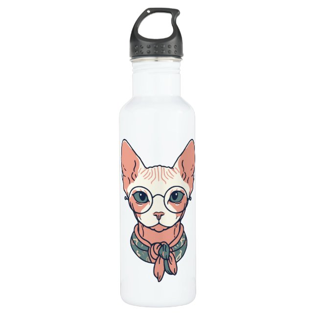 Hairless Sphynx Cat wearing glasses Stainless Steel Water Bottle (Front)