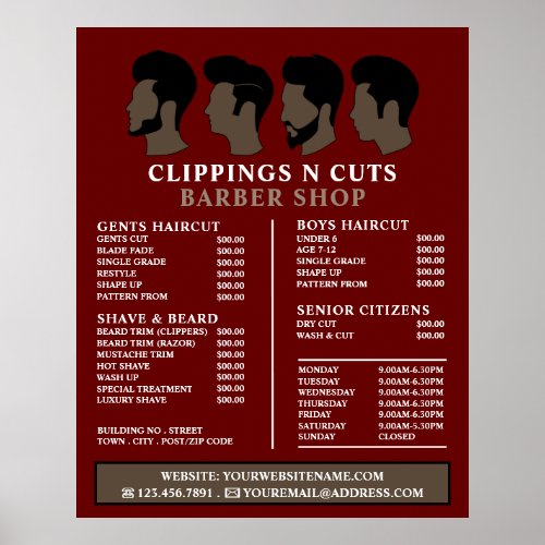 Hairstyles Mens Barbers Price List Poster