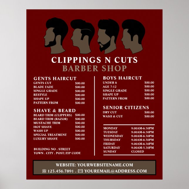 Hairstyles, Men's Barbers Price List Poster (Front)