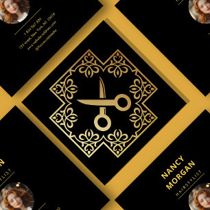Hairstylist Barbershop Gold Frame Scissors Photo  Square Business Card