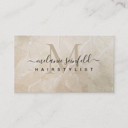 Hairstylist Beige Marble Beauty Salon Monogram Business Card