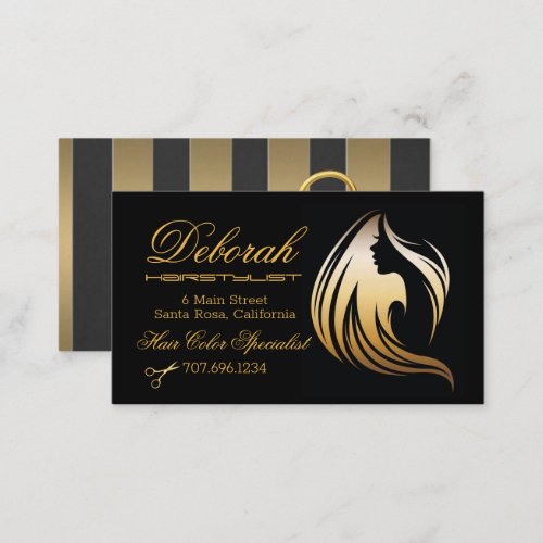 Hairstylist Black  Gold Lady Hair Silhouette Busi Business Card