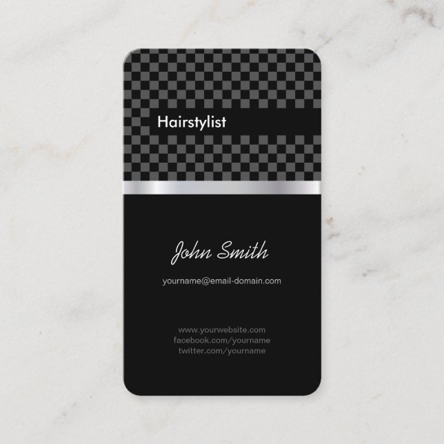 Hairstylist - Elegant Black Checkered Business Card (Front)