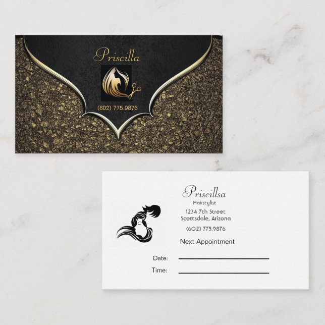 Hairstylist Elegant Black & Gold Design Business Card (Front/Back)