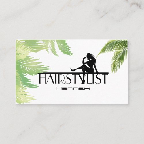 Hairstylist Girl Silhouette Palm Leaves Business C Business Card