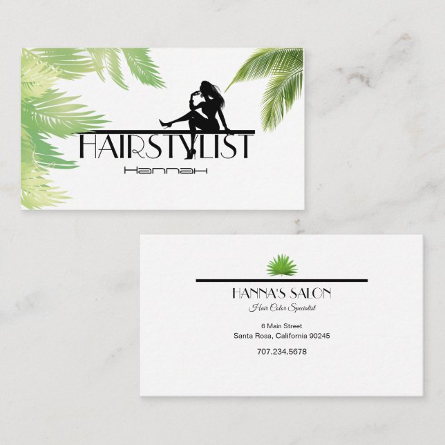 Hairstylist Girl Silhouette Palm Leaves Business C Business Card (Front/Back)