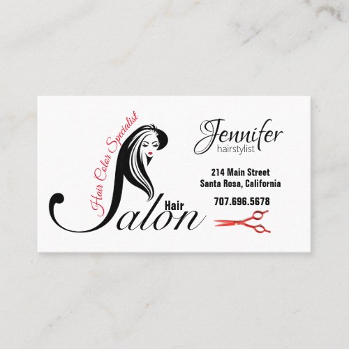 Hairstylist Girls Hair Silhouette Red Scissors Bu Business Card