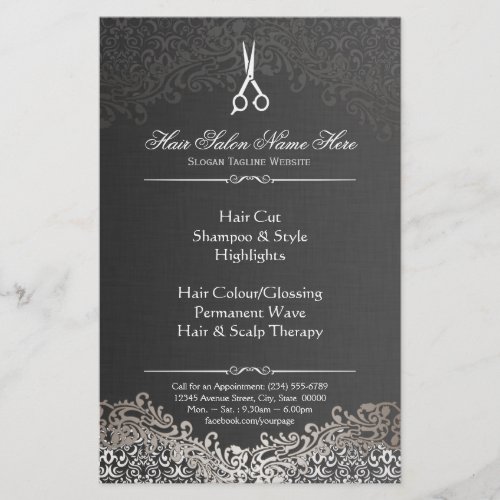 Hairstylist Hair Salon Elegant Dark Silver Damask Flyer