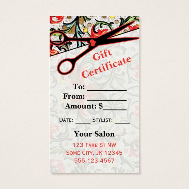 hairstylist hair stylist gift card certificate (Back)