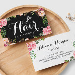 Hairstylist Hair Stylist Romantic Floral Wrapping Business Card<br><div class="desc">The main feature of this Hairstylist Hair Stylist Romantic Floral Wrapping Business Card is the beautiful pink flowers that wrap around the edge of the black card. In the center of the card is a large Hair Script and a Scissors logo to showcase the professional identity and personal style of...</div>