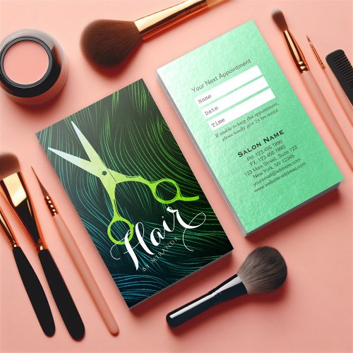 Hairstylist Hairdresser Beauty Green Gold Scissors Appointment Card