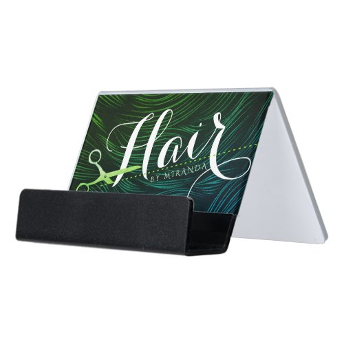 Hairstylist Hairdresser Beauty Green Gold Scissors Desk Business Card Holder