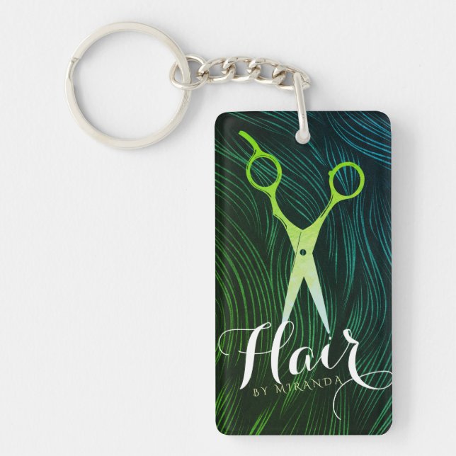 Hairstylist Hairdresser Beauty Green Gold Scissors Keychain (Front)