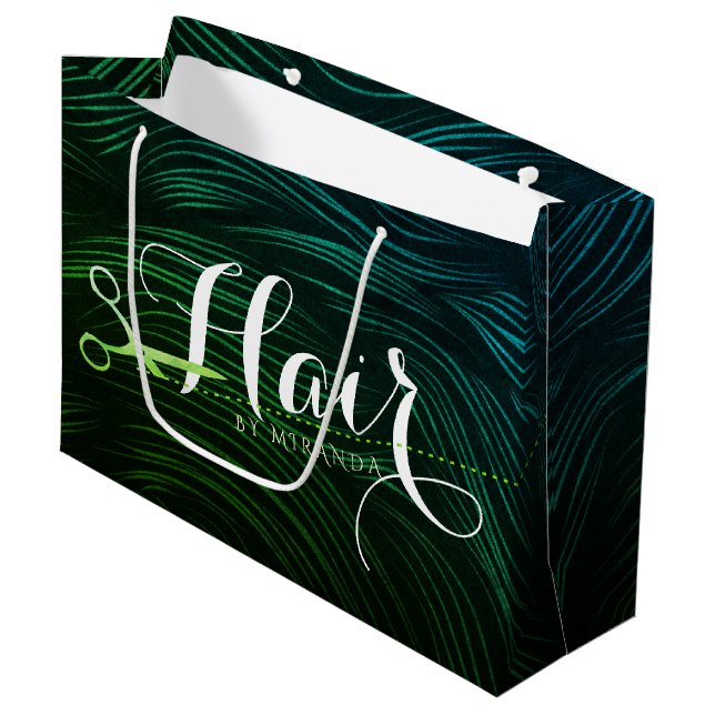 Hairstylist Hairdresser Beauty Green Gold Scissors Large Gift Bag (Front Angled)