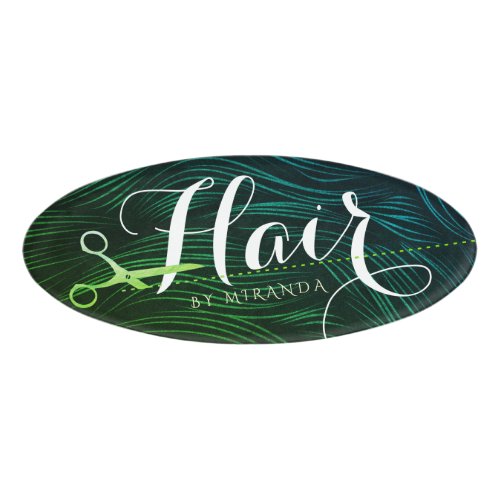 Hairstylist Hairdresser Beauty Green Gold Scissors Name Tag