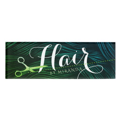 Hairstylist Hairdresser Beauty Green Gold Scissors Name Tag