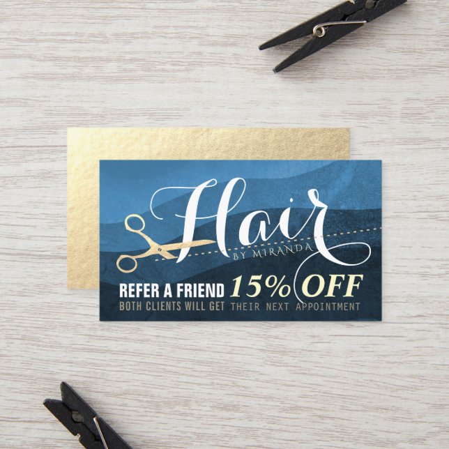 Hairstylist Hairdresser Blue Gold Scissor Referral (Front/Back In Situ)
