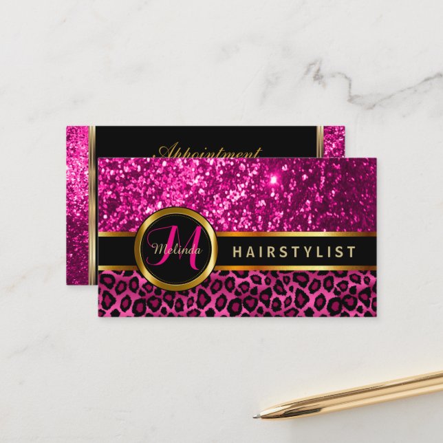Hairstylist Hot Pink Gold Glitter Appointment Card (Front/Back In Situ)