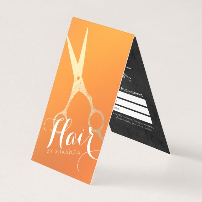 Hairstylist Makeup Orange Gold Scissors Price List Business Card (Front)