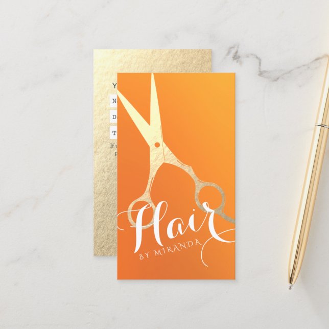 Hairstylist Makeup Salon Chic Orange Gold Scissors Appointment Card (Front/Back In Situ)