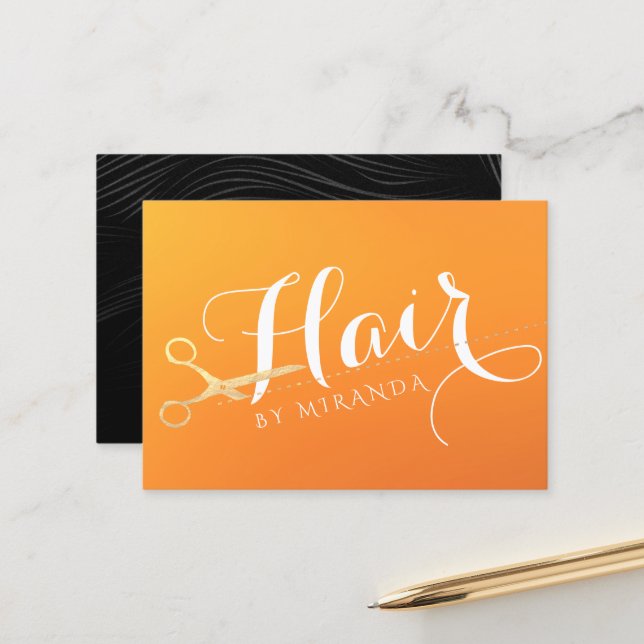 Hairstylist Makeup Salon Chic Orange Gold Scissors Appointment Card (Front/Back In Situ)