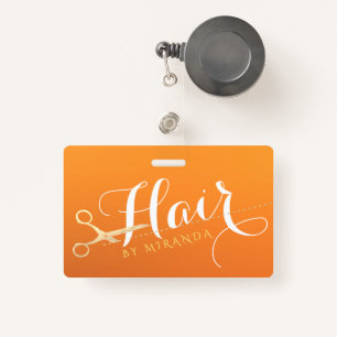 Hairstylist Makeup Salon Chic Orange Gold Scissors Badge