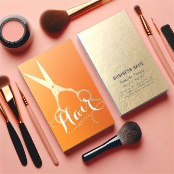 Hairstylist Makeup Salon Chic Orange Gold Scissors Business Card by ReadyCardCard at Zazzle