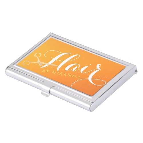 Hairstylist Makeup Salon Chic Orange Gold Scissors Business Card Case