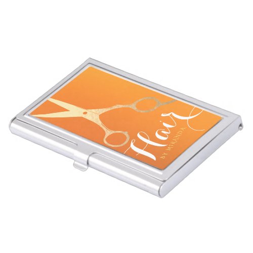 Hairstylist Makeup Salon Chic Orange Gold Scissors Business Card Case