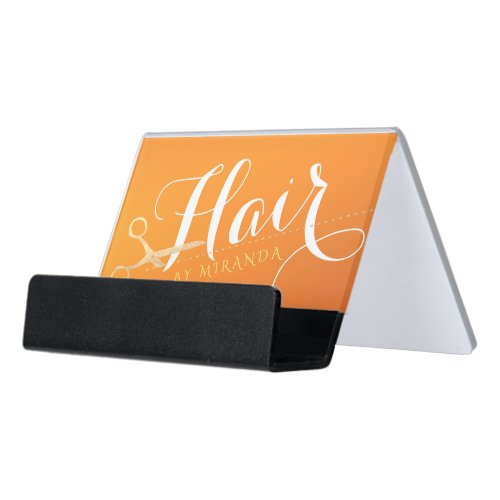 Hairstylist Makeup Salon Chic Orange Gold Scissors Desk Business Card Holder
