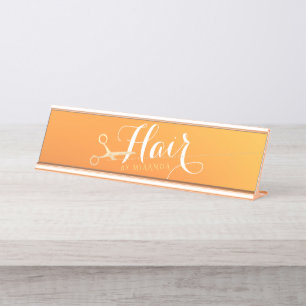 Hairstylist Makeup Salon Chic Orange Gold Scissors Desk Name Plate