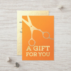 Hairstylist Makeup Salon Chic Orange Gold Scissors Discount Card