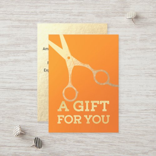 Hairstylist Makeup Salon Chic Orange Gold Scissors Discount Card