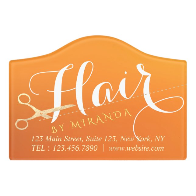 Hairstylist Makeup Salon Chic Orange Gold Scissors Door Sign (Small Crest Front)