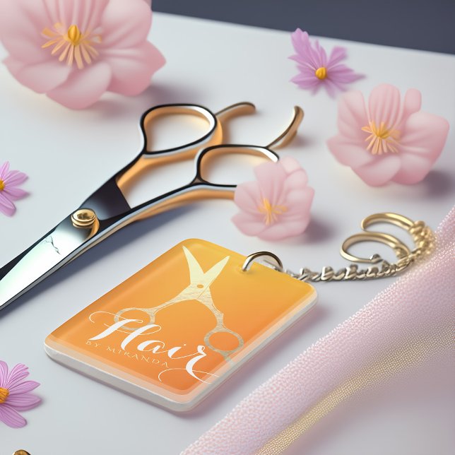 Hairstylist Makeup Salon Chic Orange Gold Scissors Keychain (Creator Uploaded)
