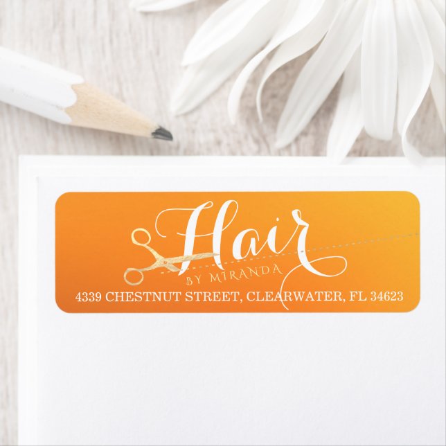 Hairstylist Makeup Salon Chic Orange Gold Scissors Label (Insitu)