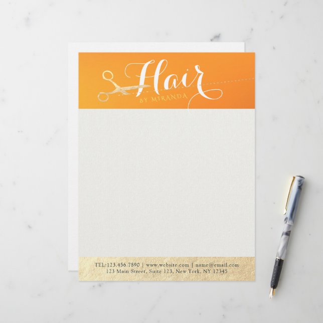 Hairstylist Makeup Salon Chic Orange Gold Scissors Letterhead (Front/Back In Situ)