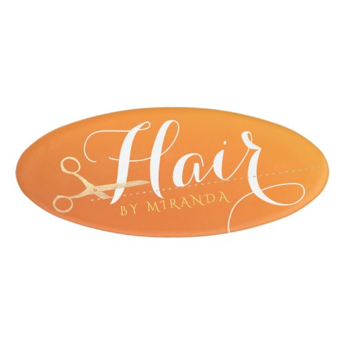 Hairstylist Makeup Salon Chic Orange Gold Scissors Name Tag
