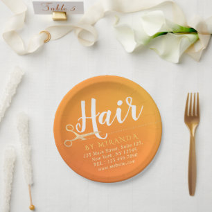 Hairstylist Makeup Salon Chic Orange Gold Scissors Paper Plates