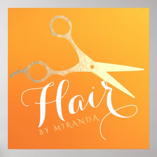 Hairstylist Makeup Salon Chic Orange Gold Scissors Poster