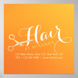 Hairstylist Makeup Salon Chic Orange Gold Scissors Poster