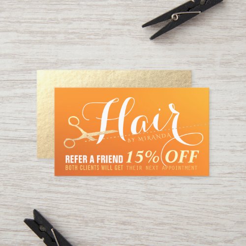 Hairstylist Makeup Salon Chic Orange Gold Scissors Referral Card