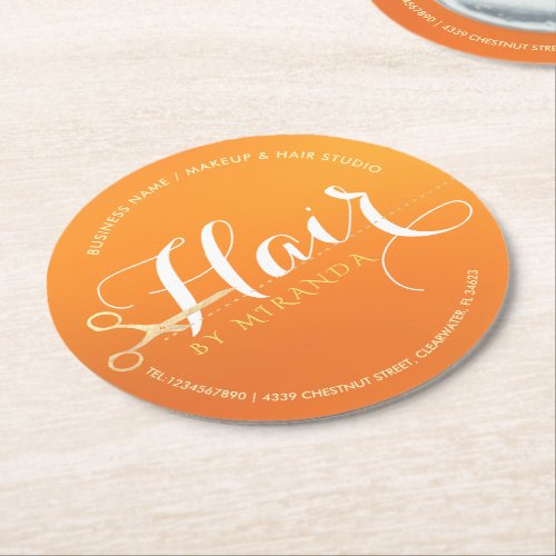 Hairstylist Makeup Salon Chic Orange Gold Scissors Round Paper Coaster