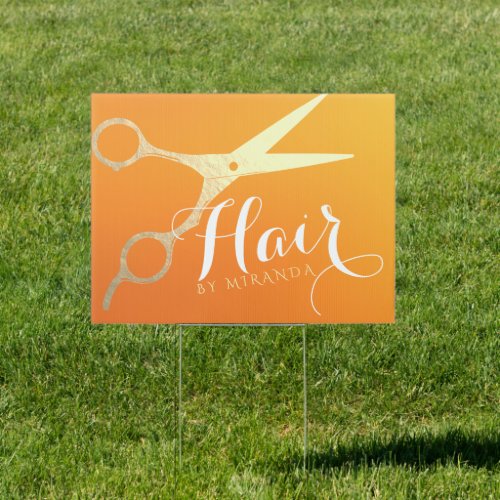 Hairstylist Makeup Salon Chic Orange Gold Scissors Sign
