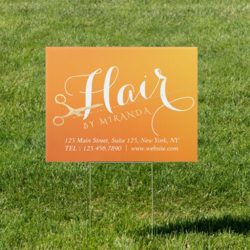 Hairstylist Makeup Salon Chic Orange Gold Scissors Sign