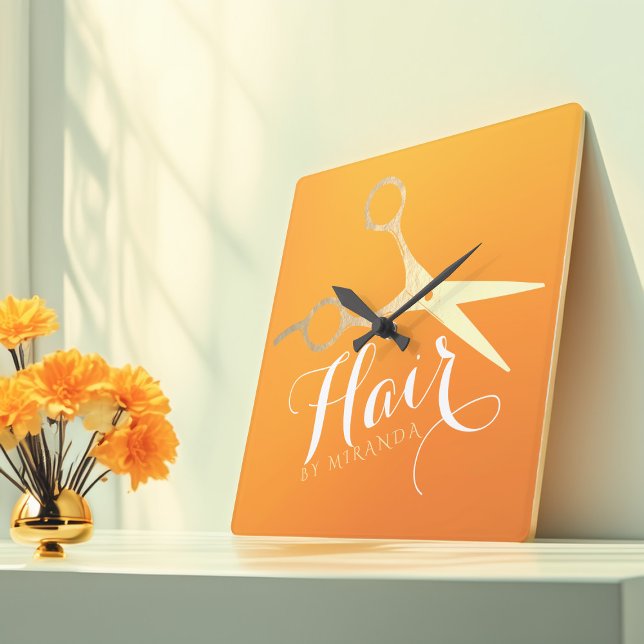 Hairstylist Makeup Salon Chic Orange Gold Scissors Square Wall Clock (Creator Uploaded)