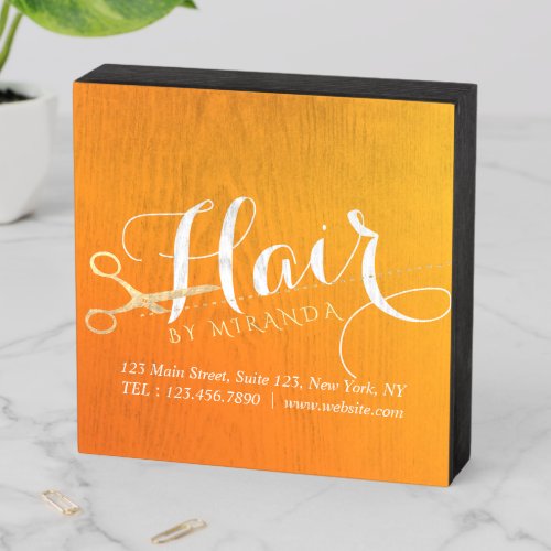 Hairstylist Makeup Salon Chic Orange Gold Scissors Wooden Box Sign