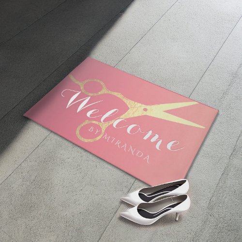 Hairstylist Makeup Salon Gold Scissors Welcome Doormat